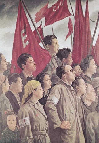 内田巌『歌声よ起これ(文化を守る人々)』(1948年、東京国立近代美術館蔵) 東宝争議 を称えたプロレタリア絵画。作・内田巌。今眺めると「戦争責任」に背を向けているとも読める。