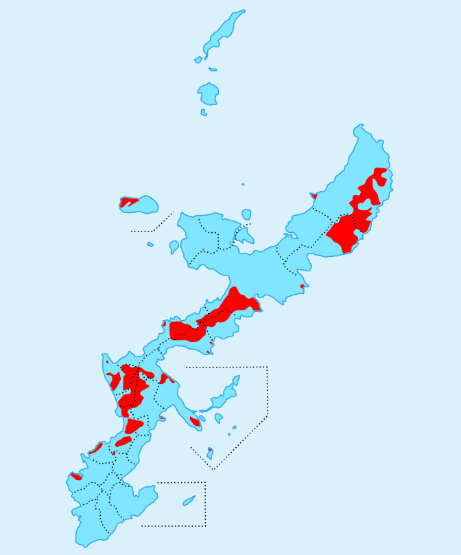 図1　沖縄県内の在日米軍基地 出典　https://upload.wikimedia.org/wikipedia/commons/0/08/US_military_bases_in_Okinawa.svg （2016年10月30日閲覧）