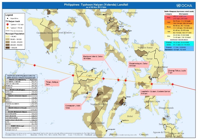 台風30号進路図 【出典】 “Typhoon Haiyan (Yolanda) Landfall” UN Office for the Coordination of Humanitarian Affairs
