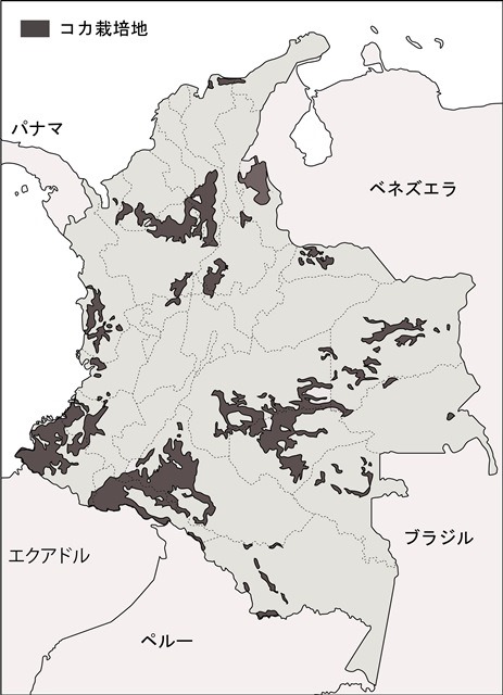地図1．コロンビアのコカ栽培地域（2008年） 出典：UNODC Colombia 2009: 9をもとに筆者作成。