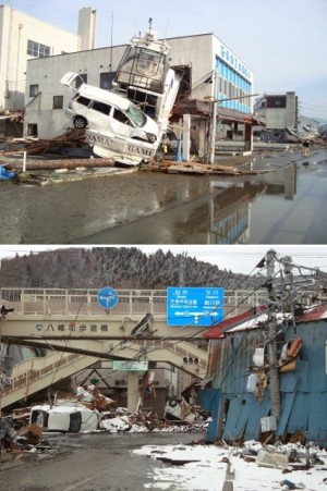 （写真 1：震災後の石巻市内（上－3月14日撮影、下‐3月17日撮影） 提供：須藤亨先生）
