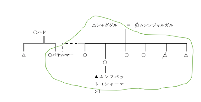 バヤルマーの系譜（曲線内は再構築された親族ネットワーク）