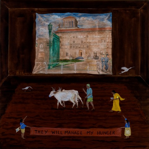 N・S・ハルシャ 《彼らが私の空腹をどうにかしてくれるだろう》（「チャーミングな国家」シリーズより） 2006年 アクリル、キャンバス 97 x 97 cm 所蔵：ボーディ・アート・リミテッド、ニューデリー