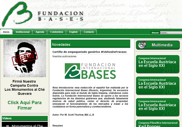 アルゼンチンの保守系NGO、BASESのウェブサイト。トップページには、署名運動のコンテンツがあり、ゲバラの顔に「殺人者」という赤字が重ねられている。